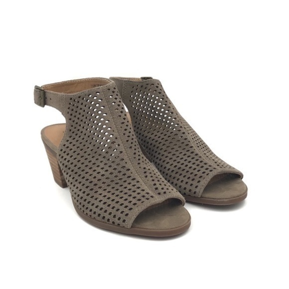 Lucky Brand Taupe Suede Perforated Heeled Sandals Size 7.5 - Picture 2 of 7